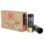 Hornady SST Lite, tan and red ammunition box with two black and brass shotshells