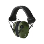 Radians Quad Mic Electronic Earmuff, military green and black, angled front view