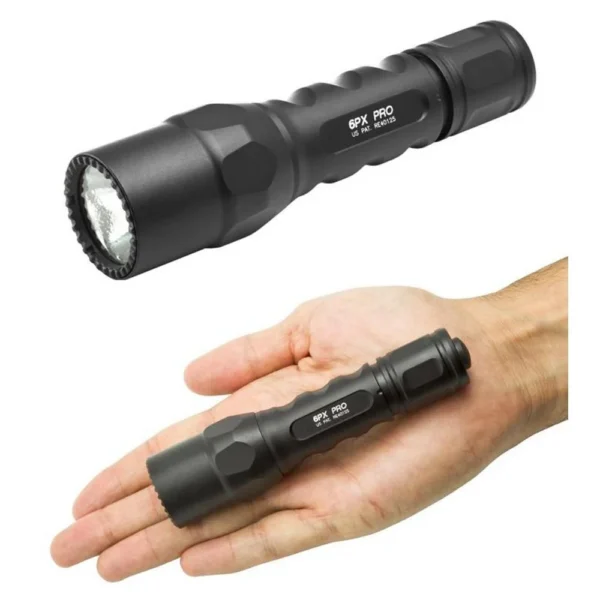 Surefire 6PX Pro black flashlight, side views showing flared bezel and one view held in a hand