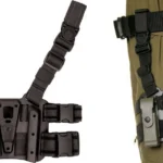 BLACKHAWK BH TACT HSTLR PLATFORM, black strapped platform shown alone and mounted on a leg