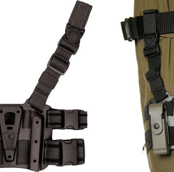 BLACKHAWK BH TACT HSTLR PLATFORM, black strapped platform shown alone and mounted on a leg
