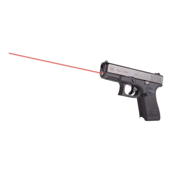 Lasermax Guide Rod Laser Red, shown in a black Glock 19 Gen5 handgun projecting a red beam