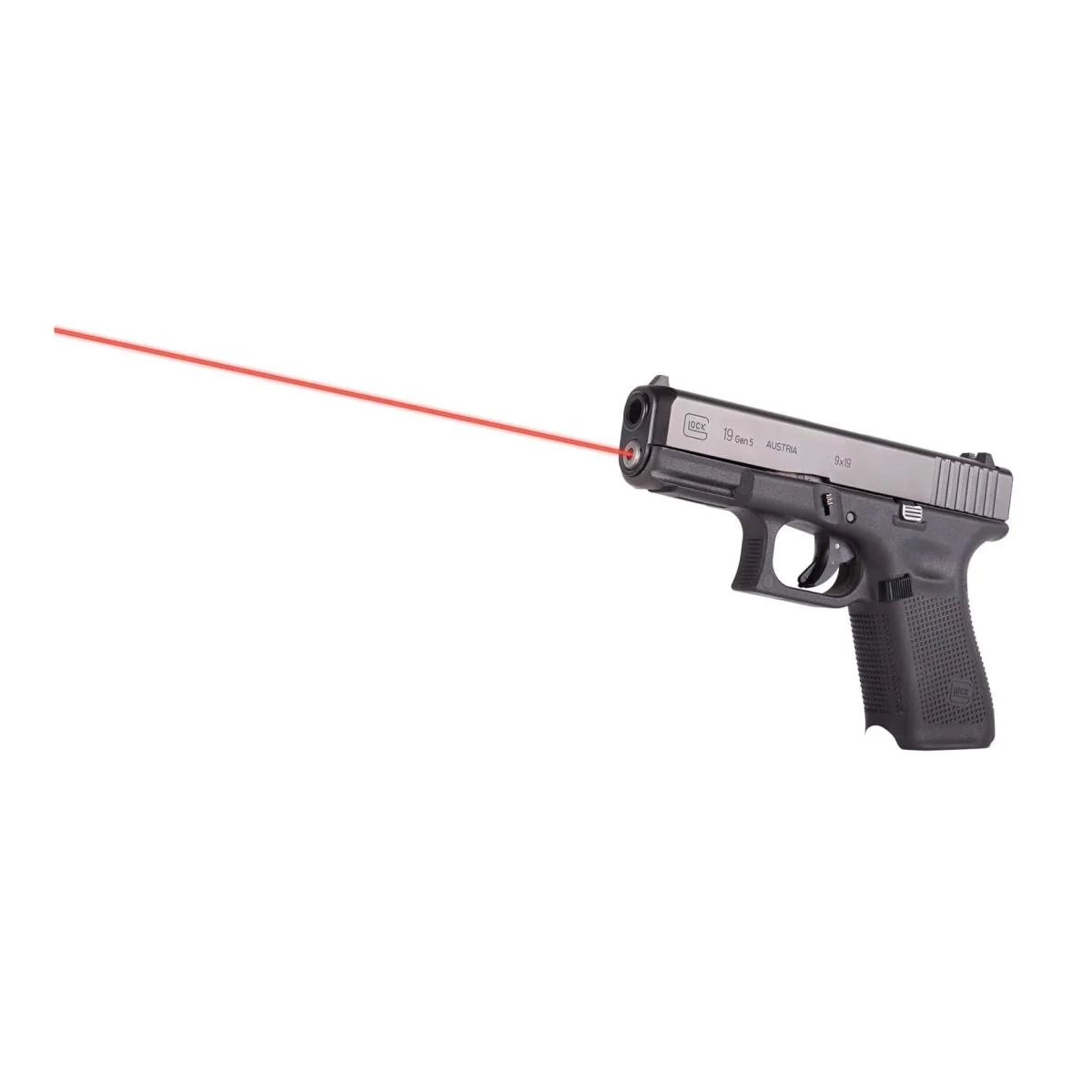 primary-47601 Lasermax Guide Rod Laser Red, shown in a black Glock 19 Gen5 handgun projecting a red beam