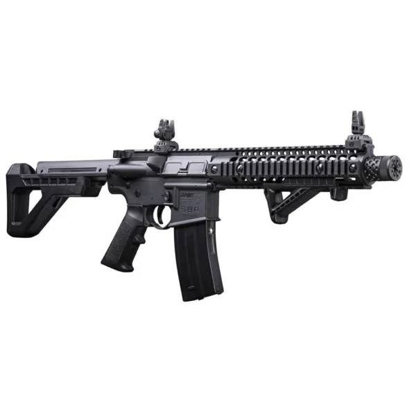 Crosman DPMS SBR, black air rifle in right-side view with magazine and adjustable stock