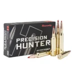 Hornady Precision Hunter black ammunition box with five rifle cartridges, front view
