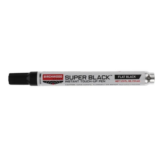 Birchwood Casey Super Black flat black touch-up pen, side view with black cap and white barrel
