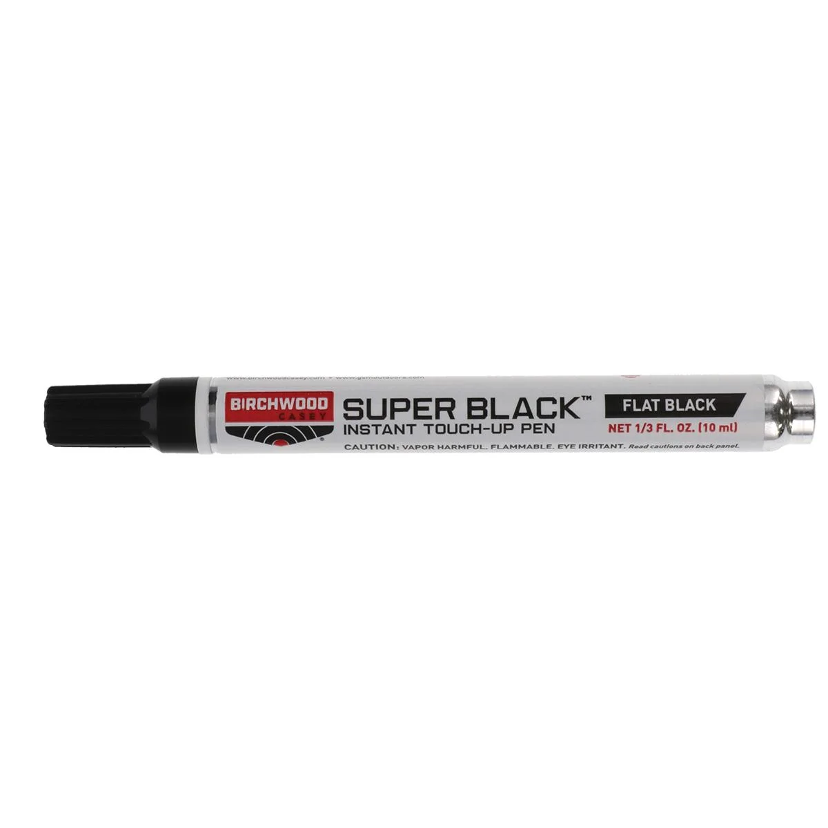 primary-47614 Birchwood Casey Super Black flat black touch-up pen, side view with black cap and white barrel