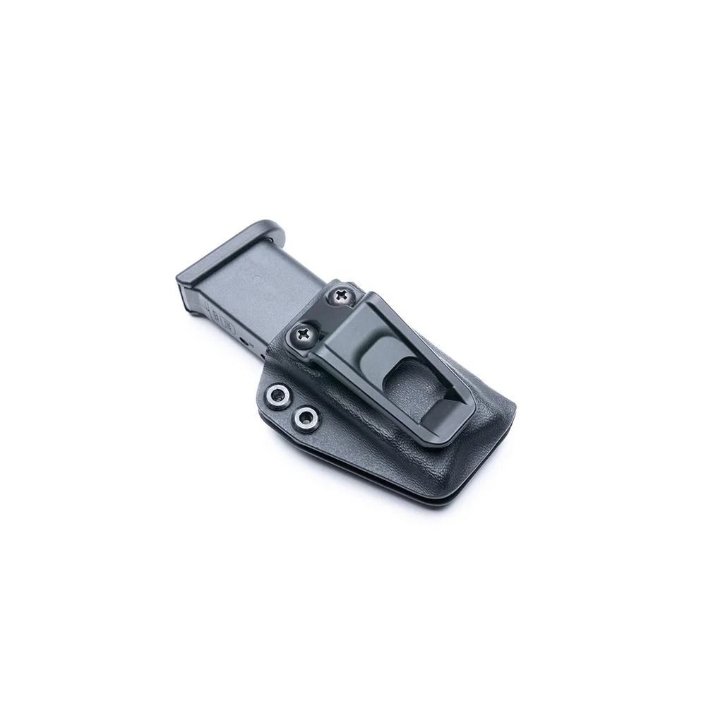 primary-47620 CRUCIAL MAG POUCH FOR GLOCK, angled front view of black pouch with belt clip and adjustment screws