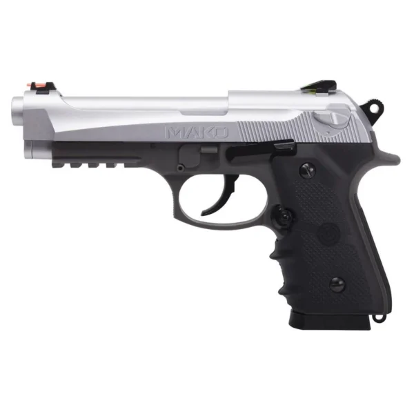 Crosman CM9B Mako air pistol, silver and black left-side view with textured grip and accessory rail