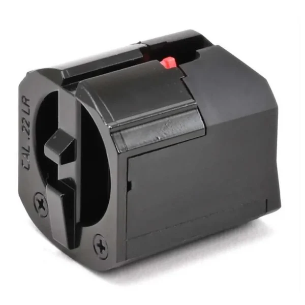 Savage Arms MAG SAV A22/B22 black rotary magazine, angled view with red follower