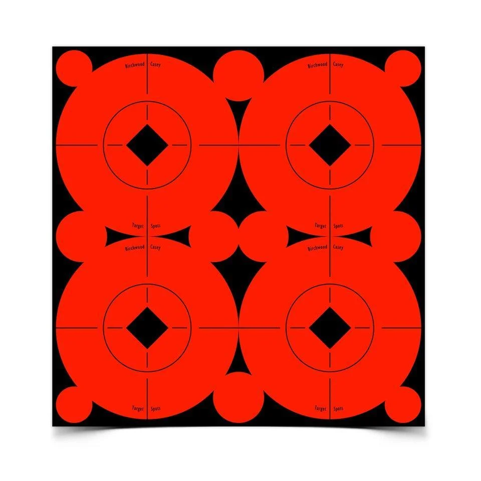 primary-47648 Birchwood Casey B/C TARGET SPOTS 40-3, red four-bullseye target sheet with black centers