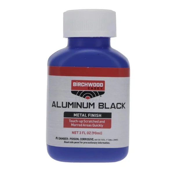 Birchwood Casey B/C ALUMINUM BLACK TOUCH UP, blue bottle front view with white cap and label