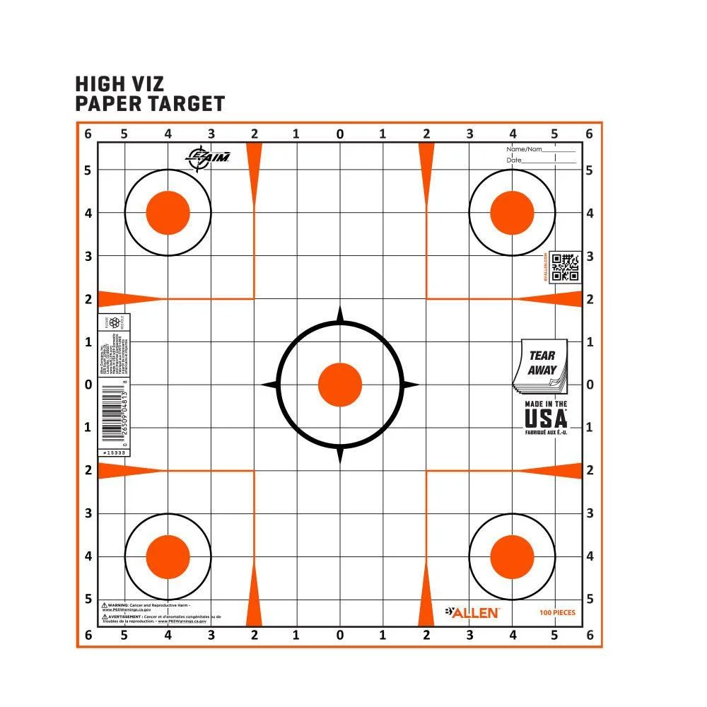 primary-47656 ALLEN EZAIM PAPER 12 IN BULLSEYE 100PK white grid target with five orange bullseyes