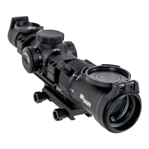 Sig Sauer SPR Rifle Scope black front angled view with mount, turrets and flip-up lens caps