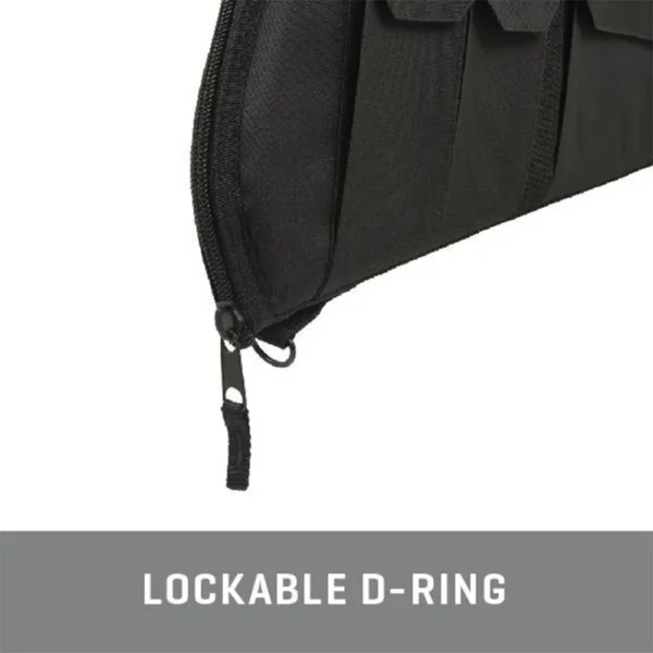 Allen Wedge Tactical Rifle Case, black corner close-up with zipper and lockable D-ring