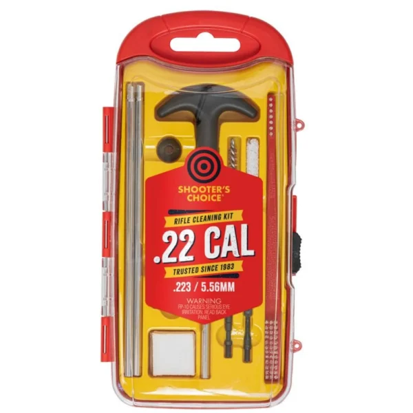 Shooters Choice 22CAL Cleaning Kit, red and clear case displaying rods, handle, brush and patches