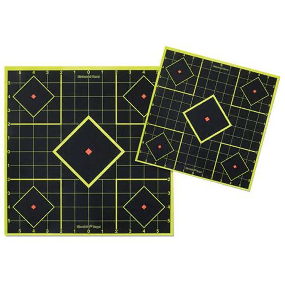 primary-47693 Birchwood Casey B/C SHT-N-C SIGHT-IN TGT 6-8, two black grid targets with yellow outlines