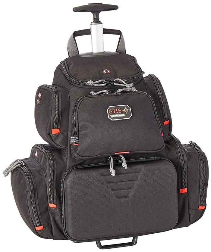 primary-47702 G-Outdoors Rolling Handgunner Backpack, black front view with extended handle and multiple pockets