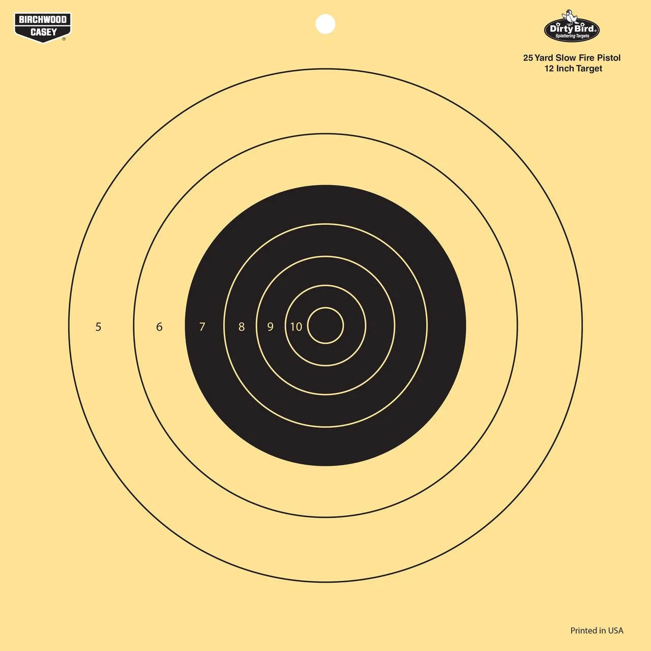 primary-47707 Birchwood Casey B/C DIRTY BIRD 25YD PISTOL, yellow paper target with black scoring rings