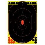 Birchwood Casey Shoot-N-C Silhouette Paper Target, front view with red rings and yellow border