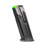 Mec-Gar Glock G17 black handgun magazine with green follower, front three-quarter view