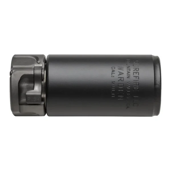 SureFire Warden Blast, side view of black cylindrical muzzle device with locking collar