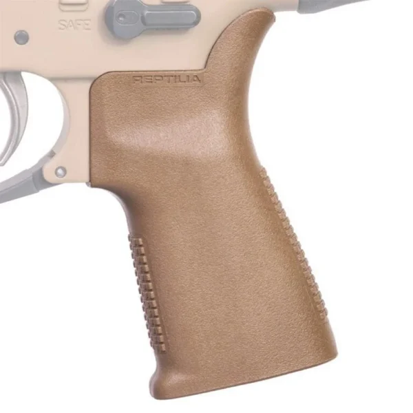 Reptilia CQG AR-15 Pistol Grip, FDE right-side view mounted on a partial receiver
