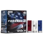 Federal FED TOP GUN, patriotic red, white and blue box with three upright shotshells