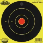 Birchwood Casey B/C DIRTY BIRD YELLOW RND TGT 16-6, front view with black rings and red center