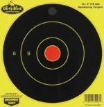 Birchwood Casey B/C DIRTY BIRD YELLOW RND TGT 16-6, front view with black rings and red center