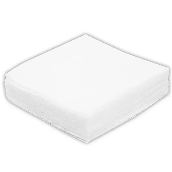 Birchwood Casey B/C PATCHES 3in 12-20GA 300PK stack of square white cleaning patches, angled view
