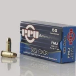 Prvi Partizan PPU 32ACP FMJ, blue ammunition box with two brass cartridges
