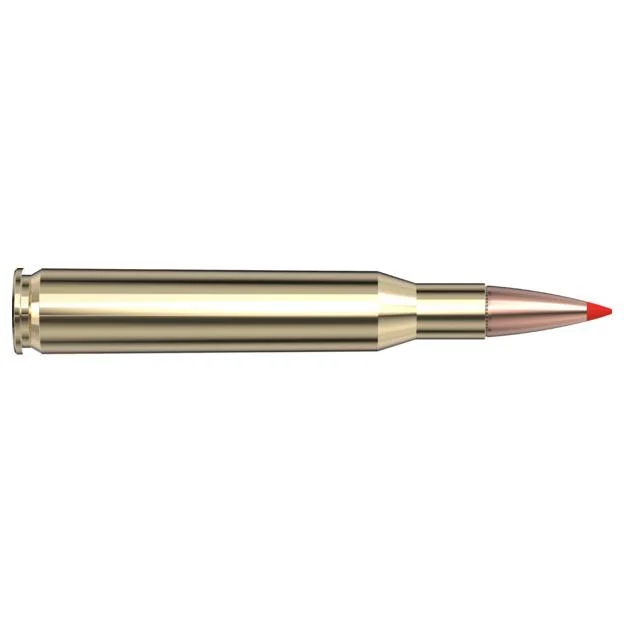 primary-47779 Hornady American Whitetail Tipped SST Rifle Ammunition, side view of brass cartridge with red tip