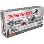 Winchester Deer Season XP rifle ammunition, front angled view of silver and red box
