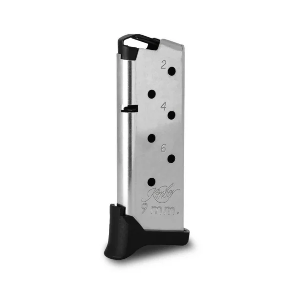 Kimber Micro 9 Rapide TacMag Handgun Magazine, silver front view with black base plate