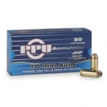 Prvi Partizan PPU 10MM JHP, blue ammunition box with two brass cartridges beside it