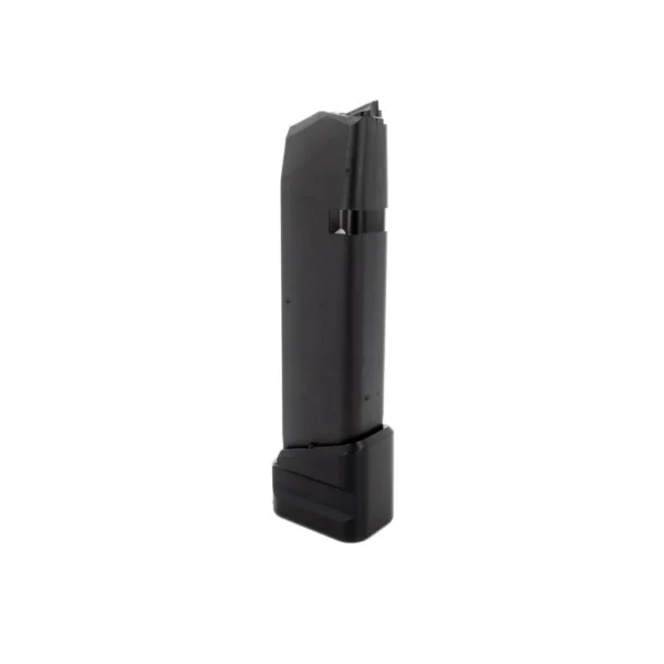 MAG SHIELD FITS GLOCK 17 +5/4 EXT BK, black magazine extension shown upright from the side