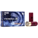 Federal FED PWRSHK blue ammunition box with two red shotshells, angled front view