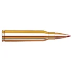Hornady Custom Rifle Ammunition, side view of a brass cartridge with red-tipped bullet