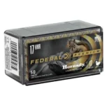 Federal FED PRM 17HMR 17GR V-MAX, black ammunition box, angled front view