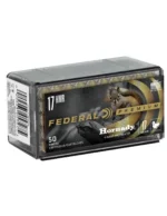 Federal FED PRM 17HMR 17GR V-MAX, black ammunition box, angled front view