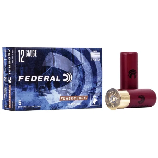 Federal FED PWRSHK ammunition, blue box with three red shotgun shells displayed