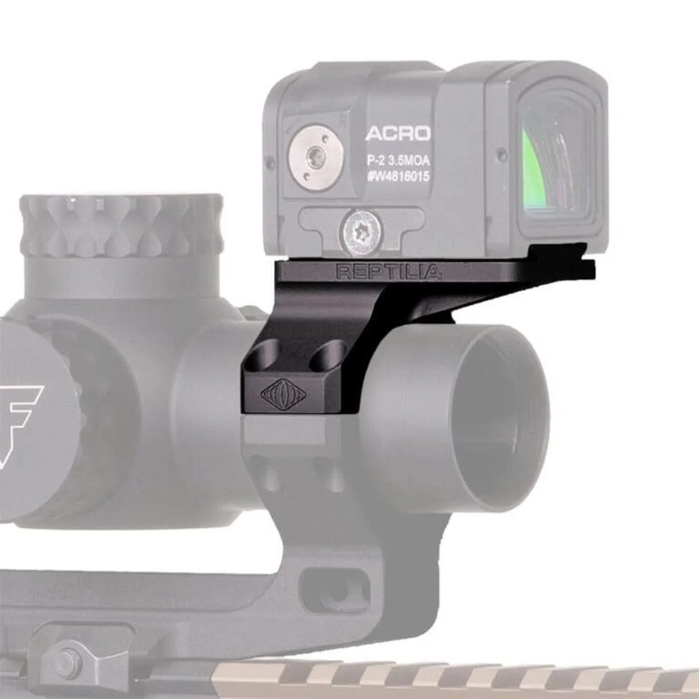 primary-47910 Reptilia ROF-90 red dot mount, black mount shown beneath an Acro sight, right-side view