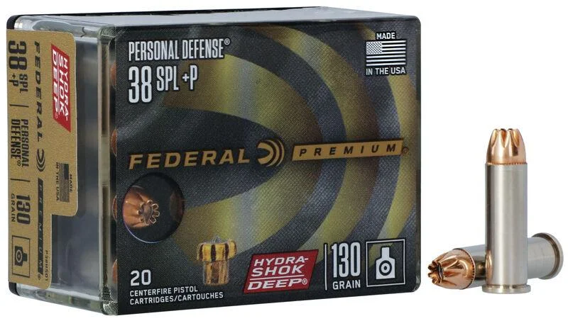 primary-47927 Federal Personal Defense Hydra-Shok Deep, black ammunition box with two cartridges, front view