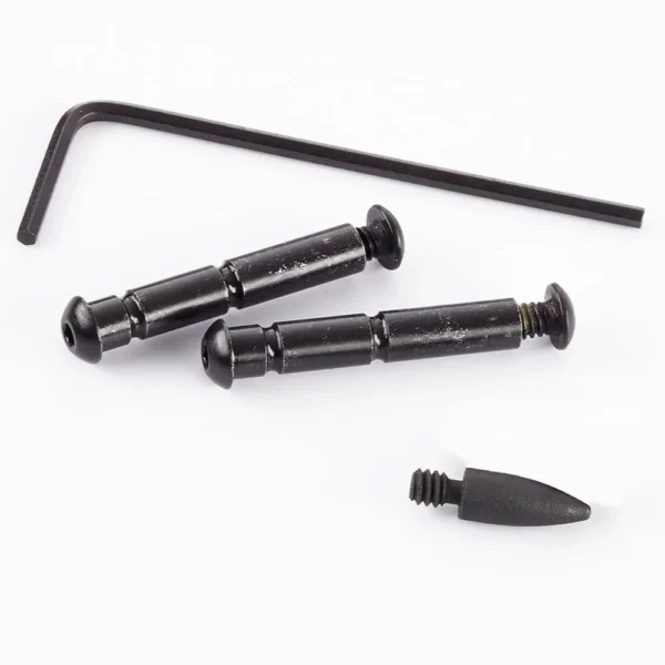 WILSON PIN SET ANTI-WLK HMR/TRGR BLK, black pins, screws and hex key arranged on white