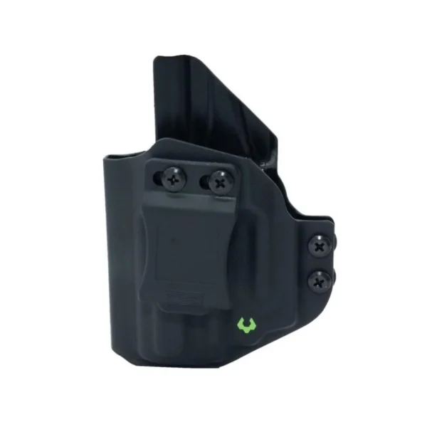 VIRIDIAN HOLSTER IWB TAURUS G3/G2 RH, black holster in front view with belt clip and screws