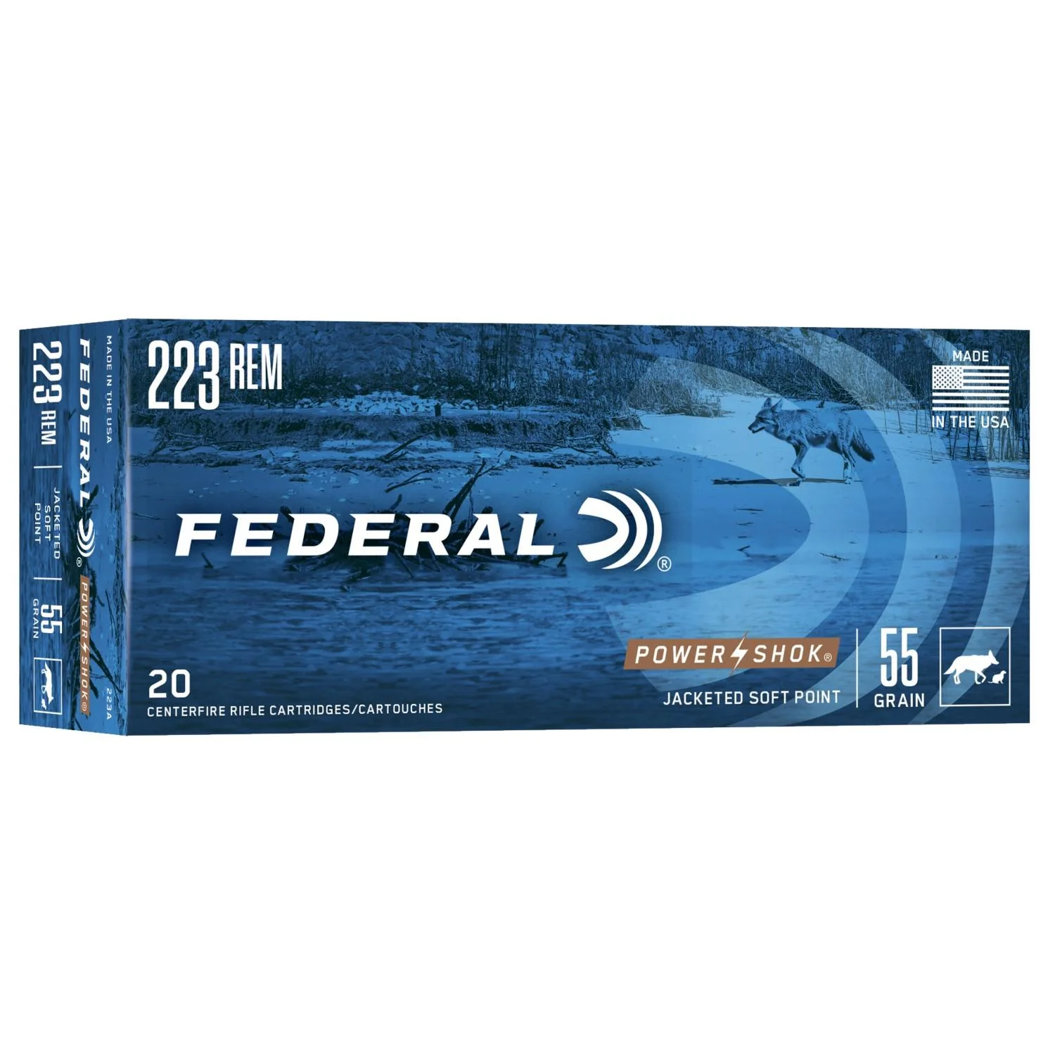 primary-47955 Federal Power-Shok rifle ammunition, front view of blue branded box