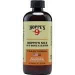 Hoppe's No. 9 Powder Solvent, front view of a brown bottle with cream label and black cap