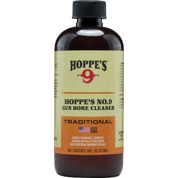 Hoppe's No. 9 Powder Solvent, front view of a brown bottle with cream label and black cap