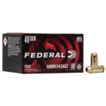 Federal Cartridge Co. American Eagle Handgun Ammunition black and red box with two cartridges
